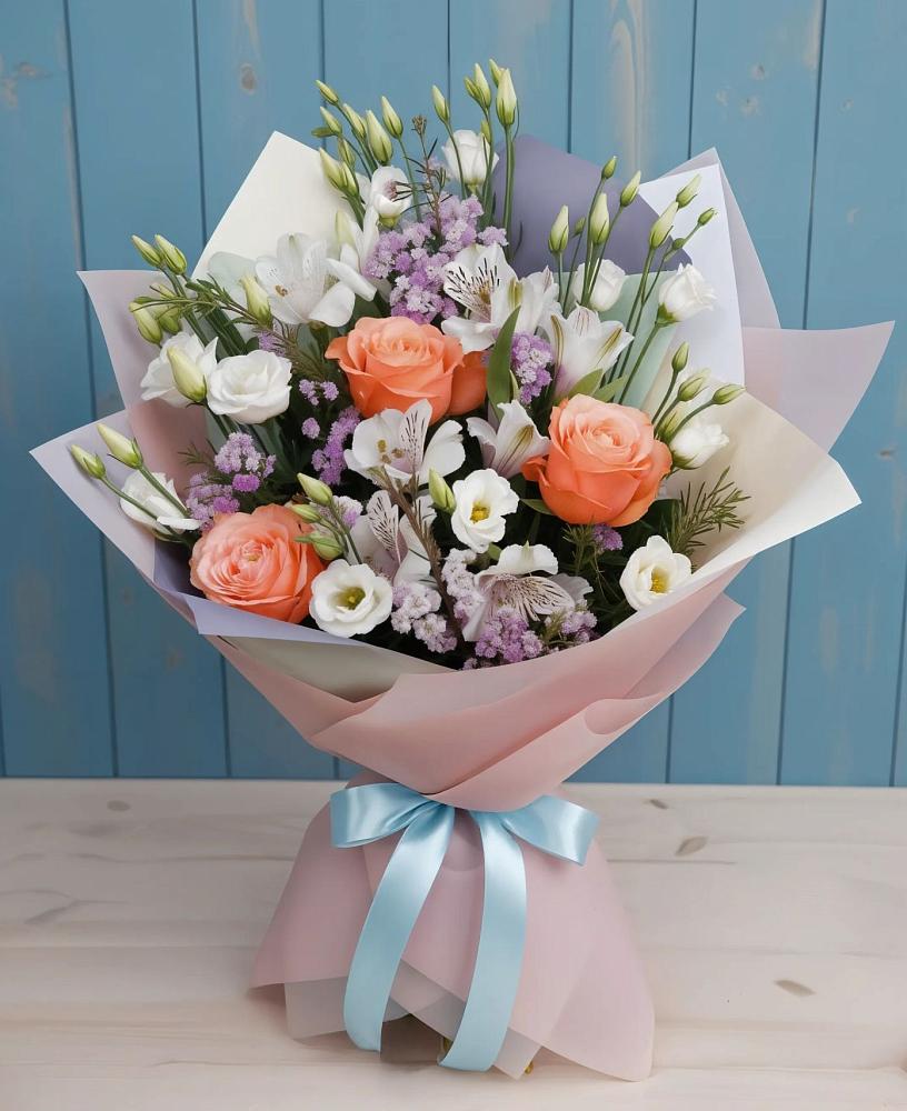 Букет цветов из: Лизиантусы, Розы, Альстромерии и Гипсофила в Белой Холунице